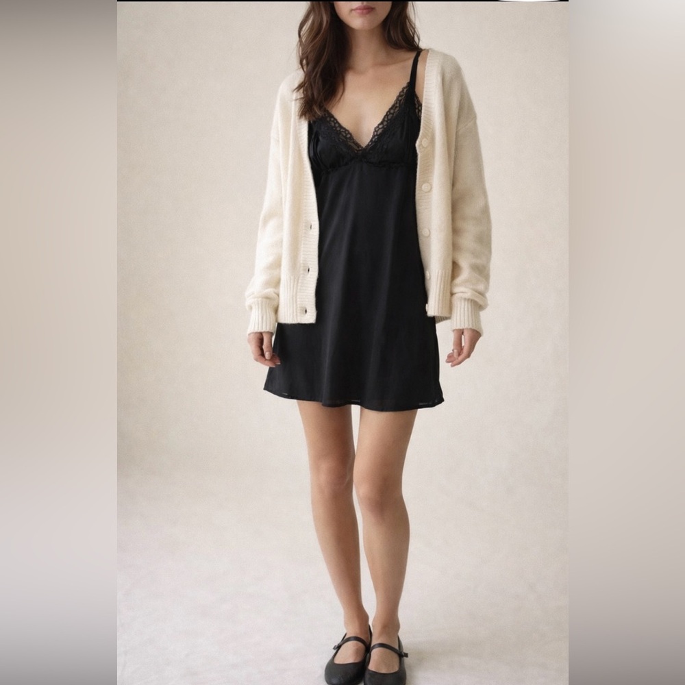 Vintage V Neck Black Lace Slip Dress